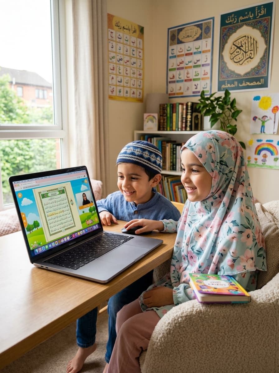 Happy kids learning Quran on laptop